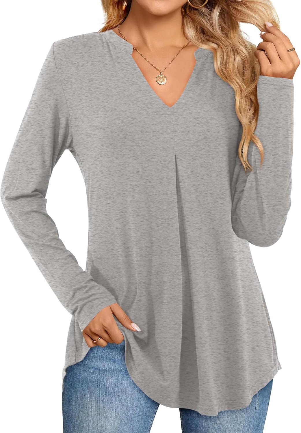 Beluring Damen Oberteile Kurzarm/Langarm Elegant T-Shirt V-Ausschnitt Plissee Top Einfarbig Longshir