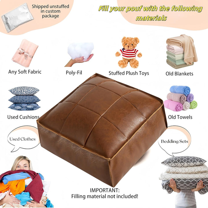 Eckiger Pouf Hocker – Ungefüllter PU Kunstleder Sitzpouf, 45x45x15 cm, DIY Füllung mit Alten Materia