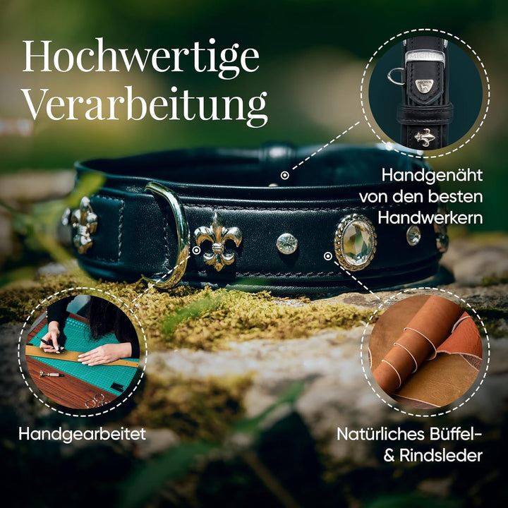 MICHUR Gala Hundehalsband Leder, Lederhalsband Hund, Halsband, Schwarz, Leder, mit Lilien,Strassstei