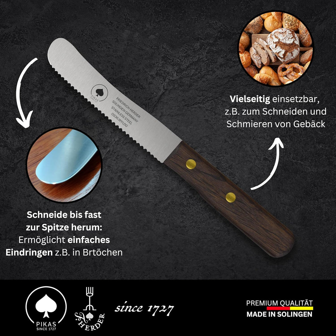Solingen Messer, 4er Set Räuchereiche Holzgriff, Wellenschliff, Premium Buckelmesser, Klinge rostfre