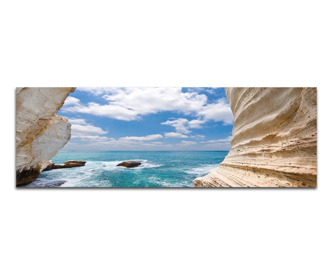 Paul Sinus Art Panoramabild auf Leinwand und Keilrahmen 120x40cm Felsen Schlucht Meer Wolken Himmel
