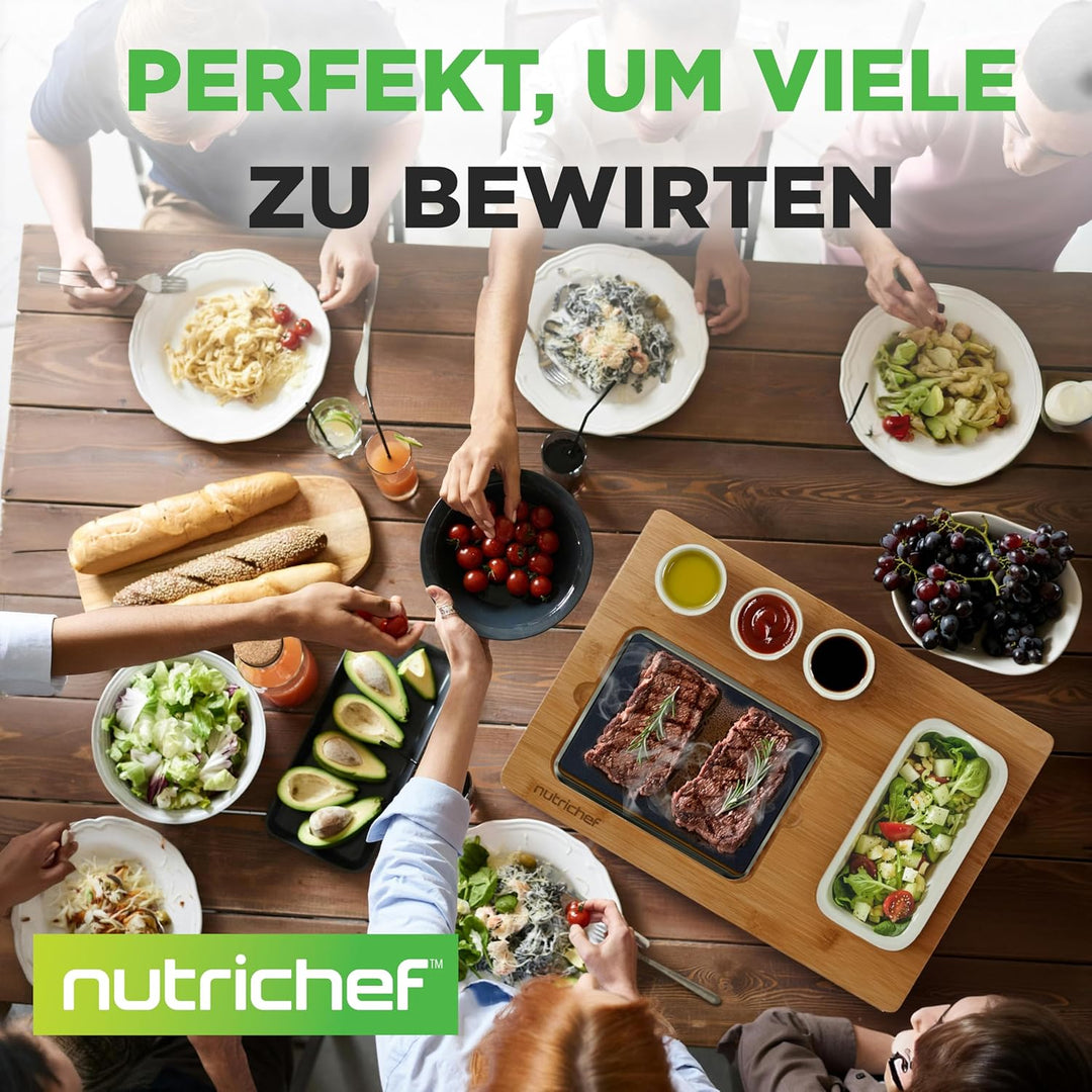 NutriChef Heisser Stein Grillplatte – Tischgrill-Set mit Bambus und Keramik Ideal für Steak und Dinn