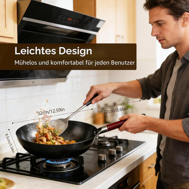 Wok mit Deckel 32 cm, Natürliche Gehämmerten Antihaft Wok aus Kohlenstoffstahl mit Akazienholz Griff