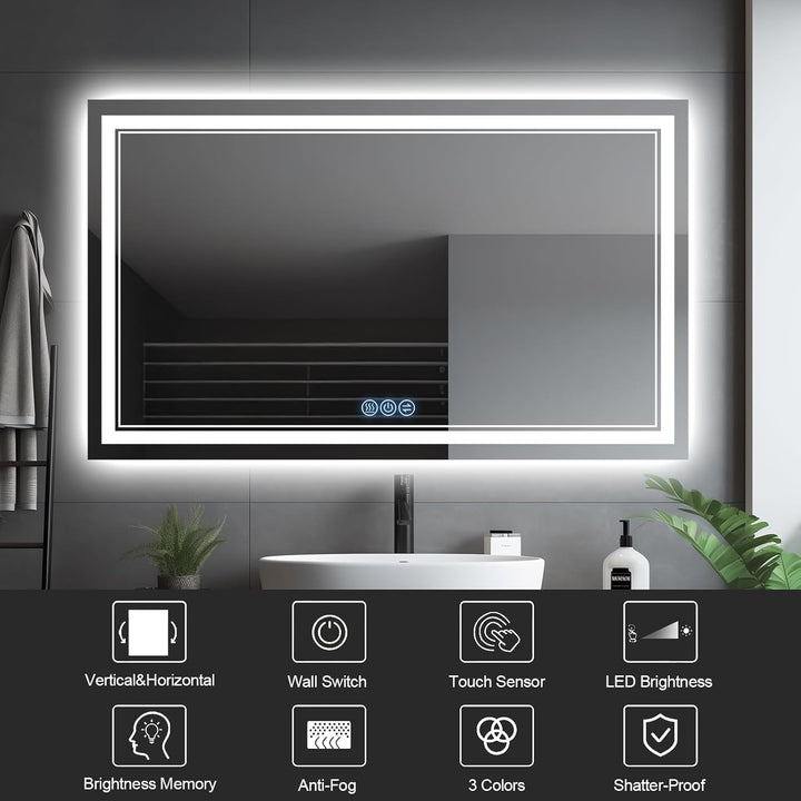 baklon Badspiegel mit Beleuchtung 100x60cm, Badezimmerspiegel Wandspiegel und Touch-Schalter, IP65-L