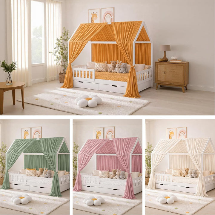 2 Stück Hausbett Himmel, Betthimmel Hausbett aus 100% Baumwolle Musselin | H270 x B67 cm Stoffhimmel