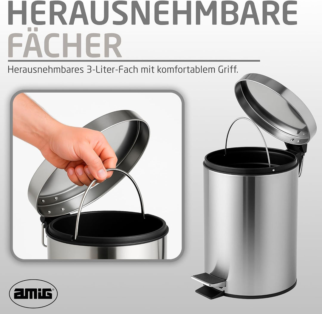 Amig – Kosmetikeimer mit Pedal 3L Linea – Polierter Edelstahl – Hygienische Öffnung – Ø16,8 x 25,5 c