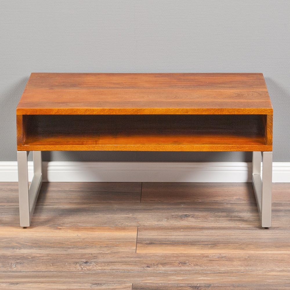 LEBENSwohnART Couchtisch Bow 80cm Stone-M Massivholz Wohnzimmertisch Mango Holz Metall Design