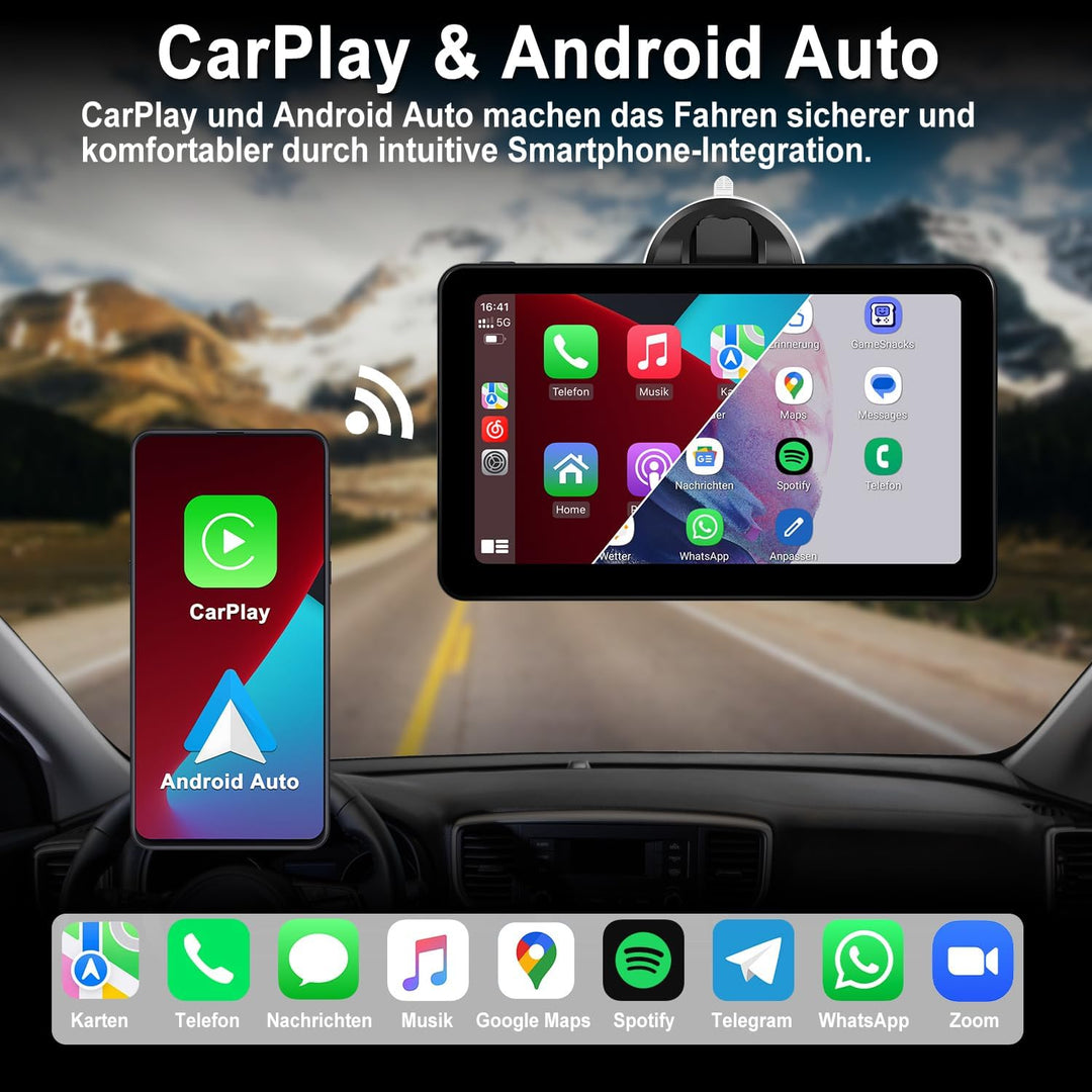 Tragbare CarPlay Display, Wireless Android Auto Monitor, 7 Zoll IPS Bildschirm mit Bluetooth-Freispr