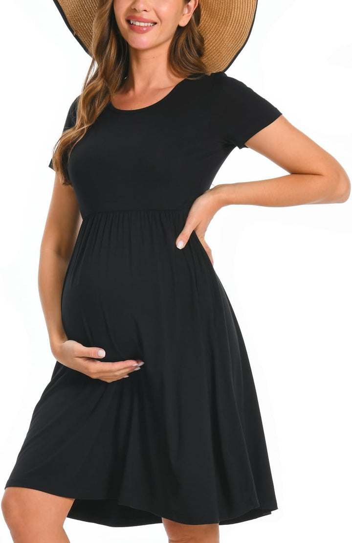 Bearsland Women’s Long Sleeve Maternity Dresses Patchwork Pregnancy Dress with Pocket, S Dark