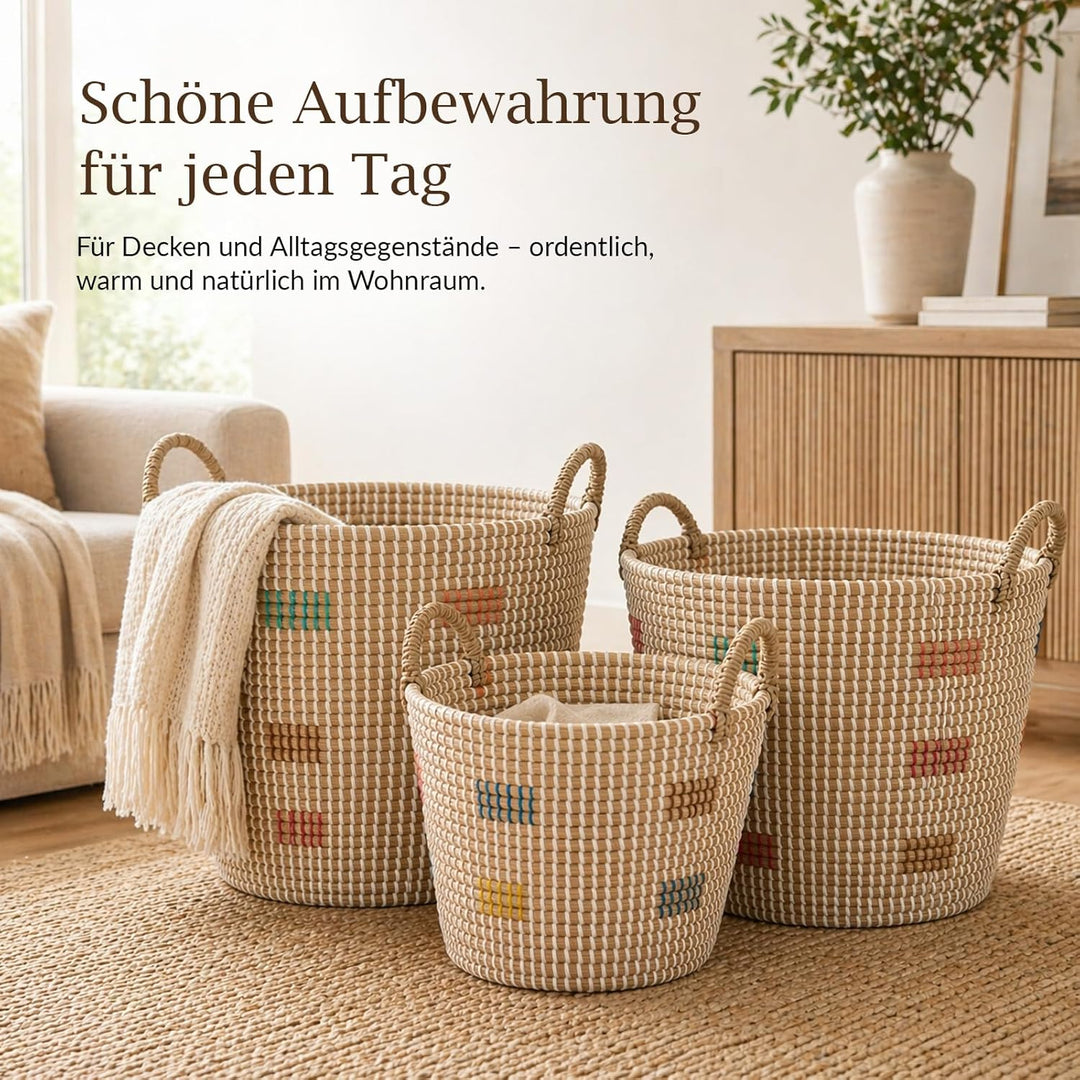 3er Set Aufbewahrungskorb Seegraskorb mit Griffen, Wäschekorb Geflochtener Korb, Handgeflochtener Sp