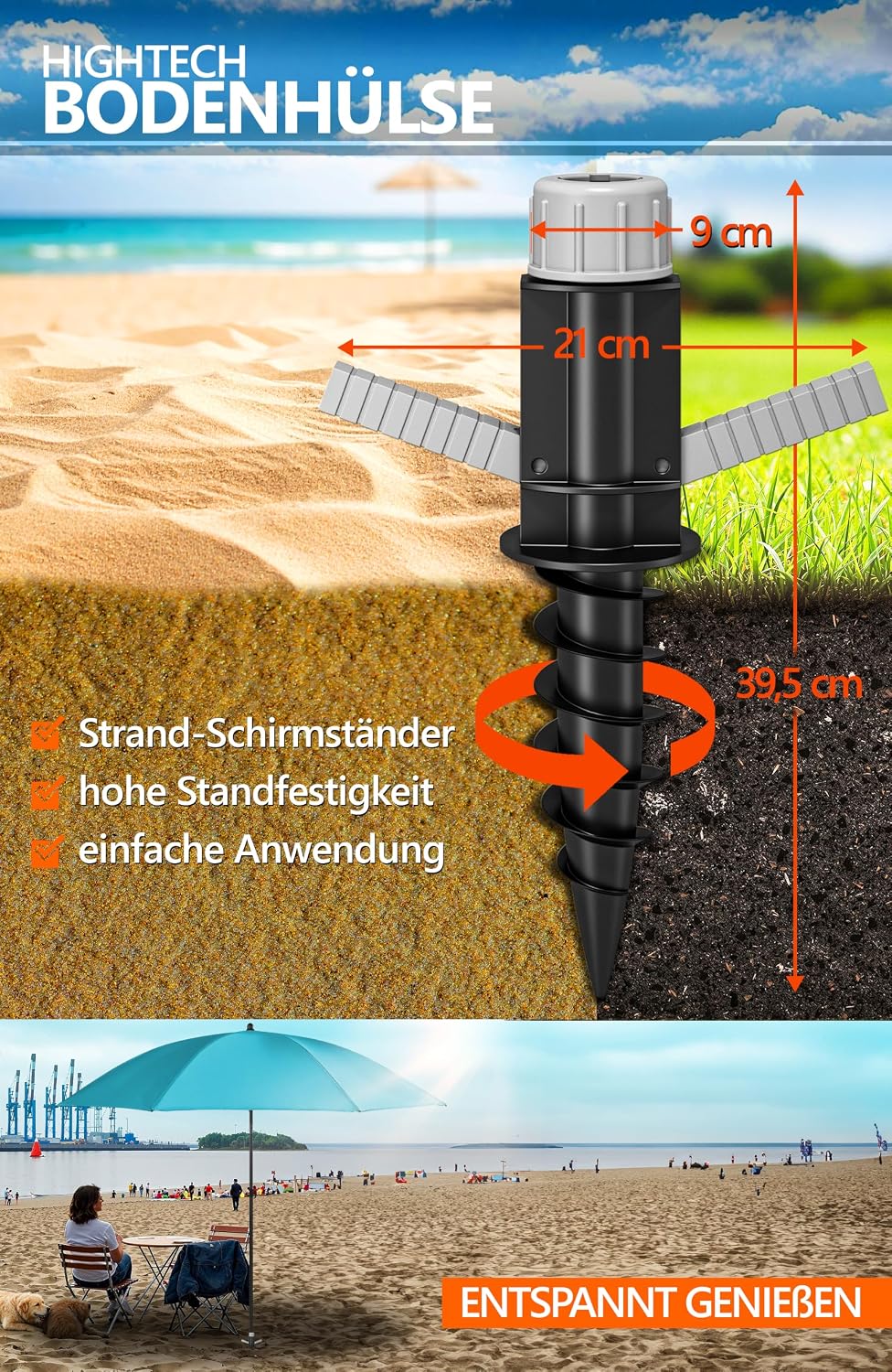 4smile Sonnenschirm Strand SunnyJoy Ø 200 cm, 3er Set - Strandschirm mit UV Schutz 50+, inkl. Sonnen