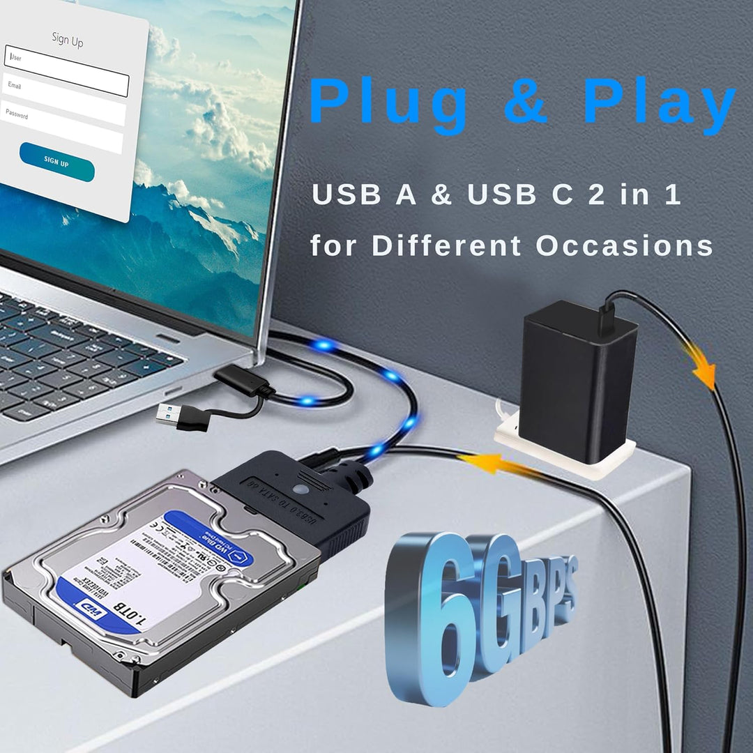 USB SATA Adapter mit 30-W Netzteil, 2-in-1 Type C/USB 3.0 auf SATA Festplatten Adapter 5Gbps unterst