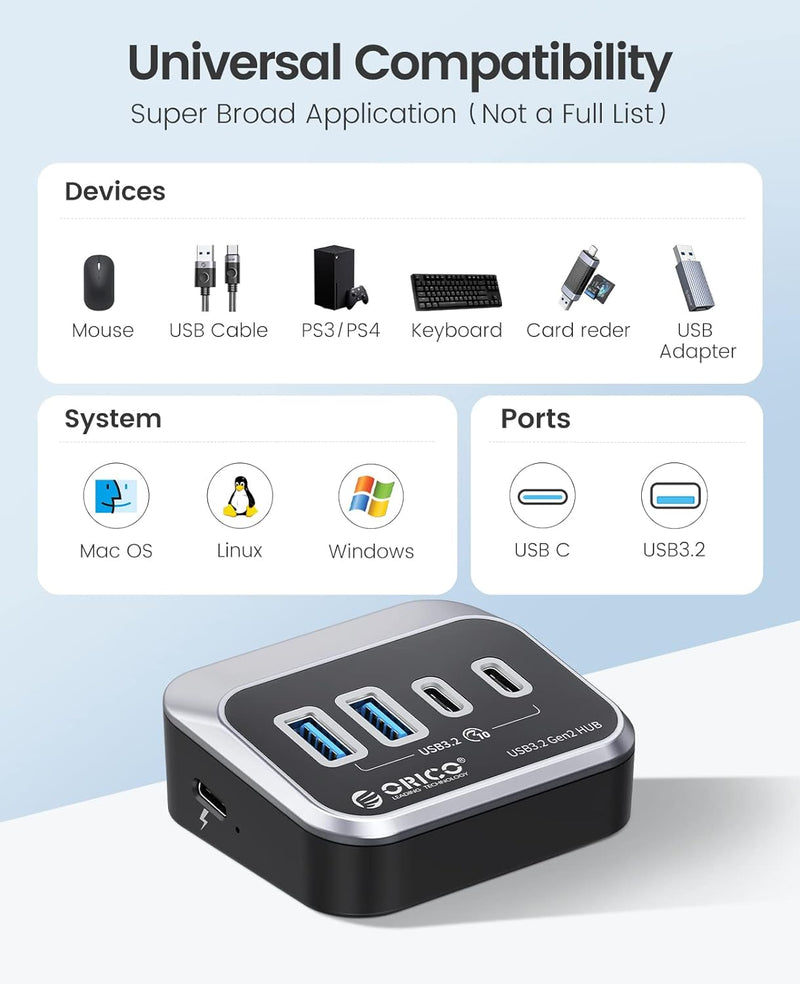 USB Hub 3.2 Gen 1, ORICO 4 Port USB C Hub auf 2 USB-A und 2 USB-C, 10Gbps Datenhub USB Verteiler, US