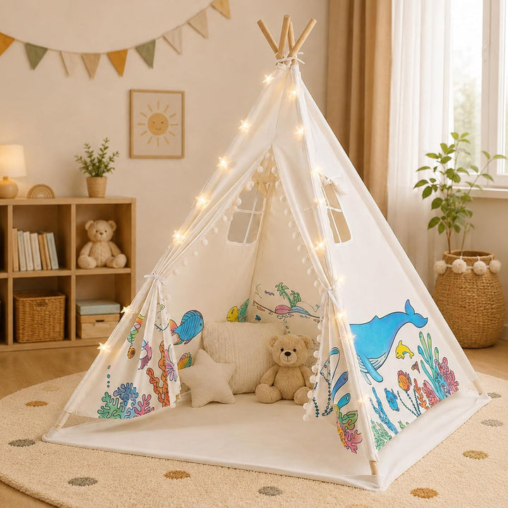 DIY Tipi Zelt für Kinder Indoor mit 12 Pinsel+Lichterkette+Tasche, 120x160cm Waschbar Kinder Zelt Ti