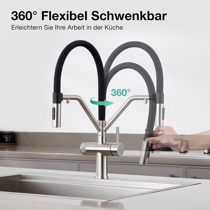 Faustina 4 Wege Küchenarmatur abnehmbar, Doppelhebel Armatur Wasserhahn Küche mit Trinkwasser und So