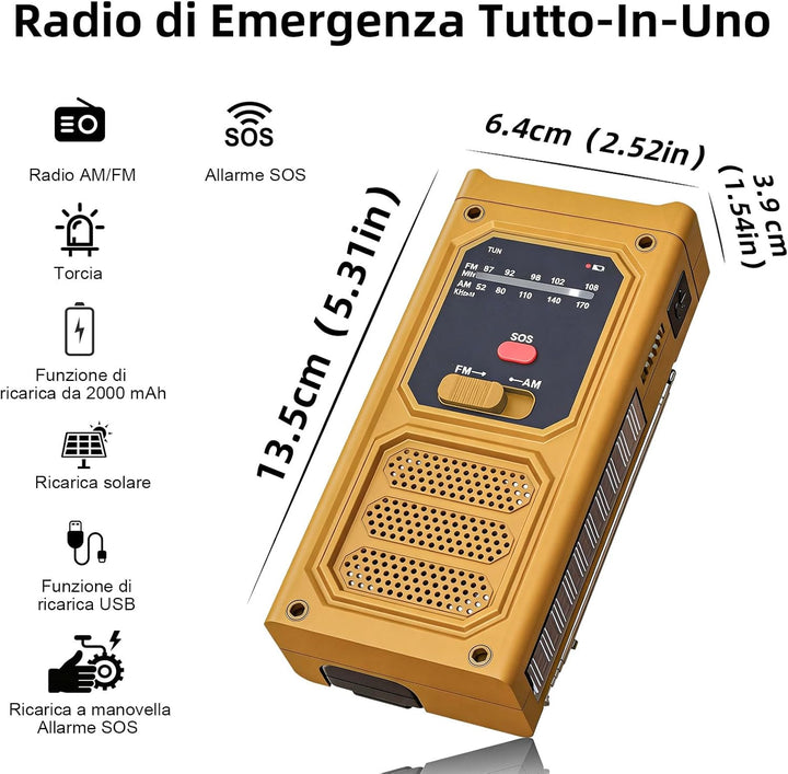 Notfall-Solarradio, Tragbare Kurbelradio mit SOS-Alarm, LED-Taschenlampe, AM/FM Notfallradio mit 200