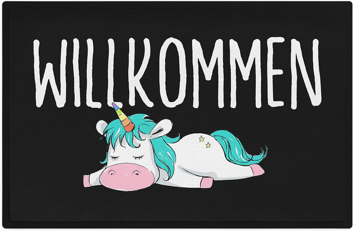 Trendation - Willkommen Fussmatte Einhorn Lustig Geschenk Frauen Fussmatte Innen und Aussen-Bereich