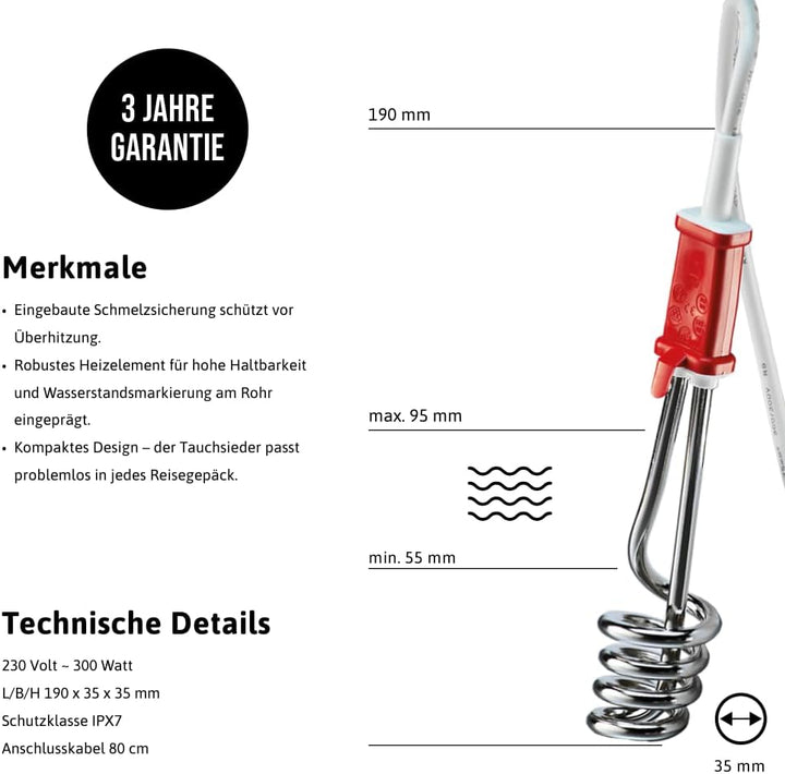 EHLERS Reisetauchsieder RTE 304, 300 Watt, Steel, Sortiert (Zufällig), 1-Pack