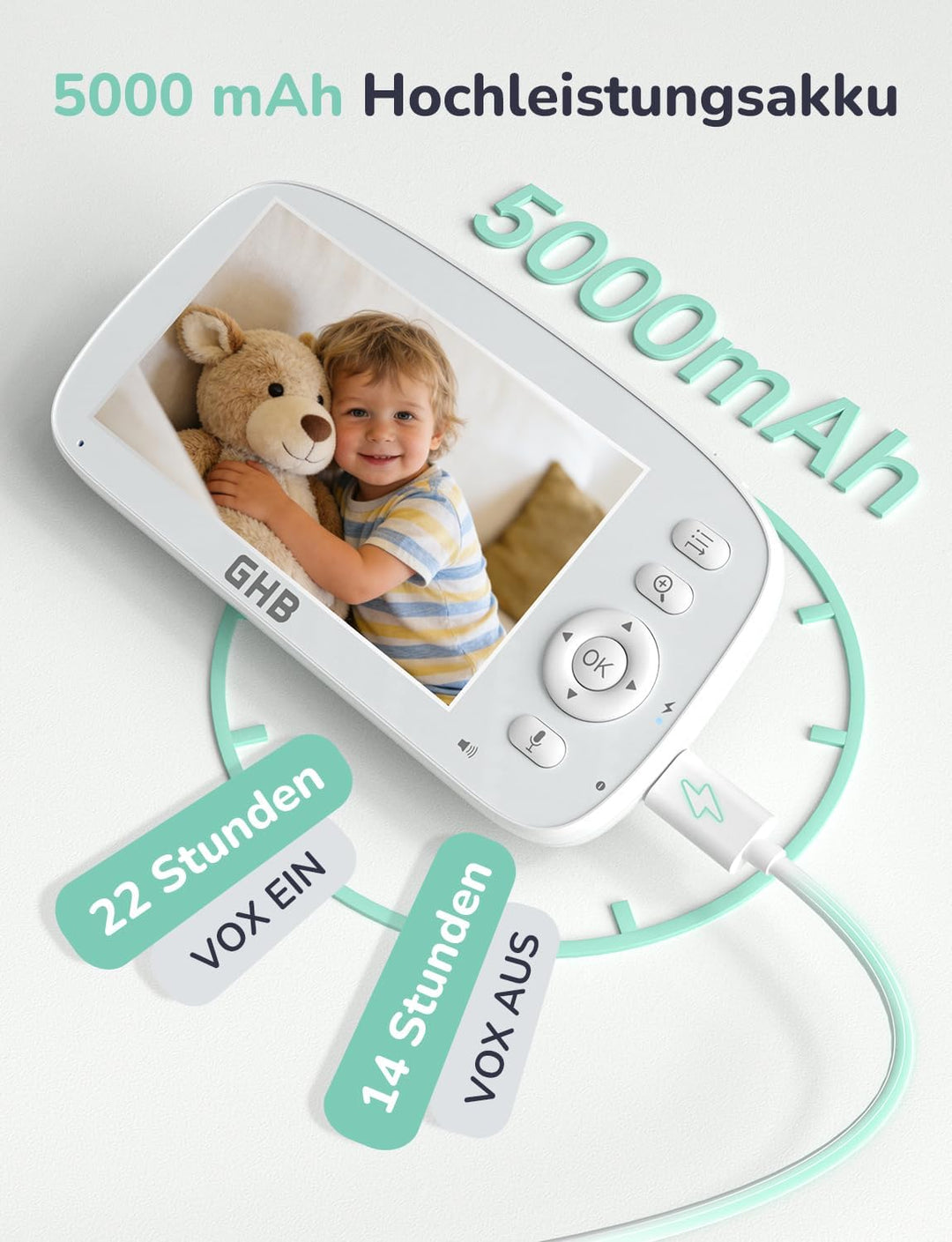 GHB Babyphone mit Kamera 5 Zoll 720P HD Kamera IPS Display mit 5000mAh Akku 4X Zoom 2-Bildschirm-Spl