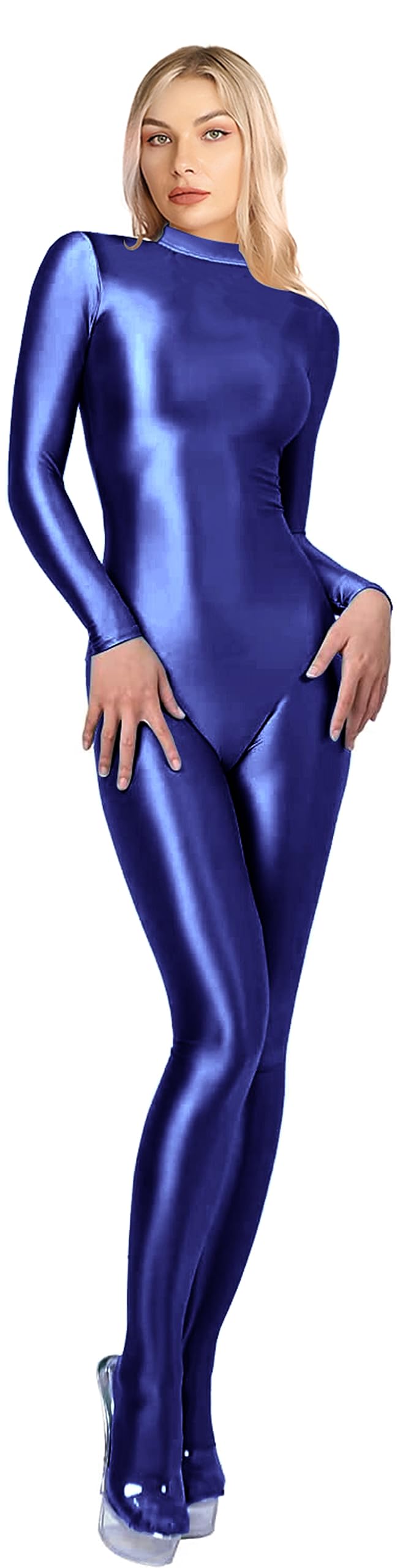 SOFSOT 200D blickdichter Einteiler Badeanzug High Stretch Glänzender Body Reissverschluss Rücken L B