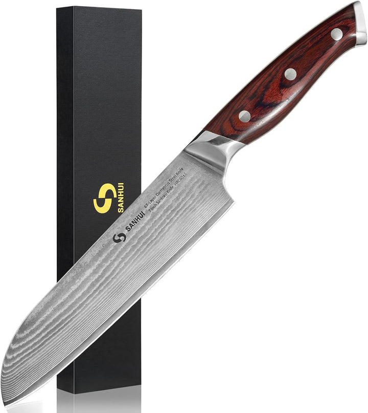 Santokumesser 18 cm, Profi Damastmesser aus 67 Lagen echten Damaststahl, Ultrascharfes Santoku Messe