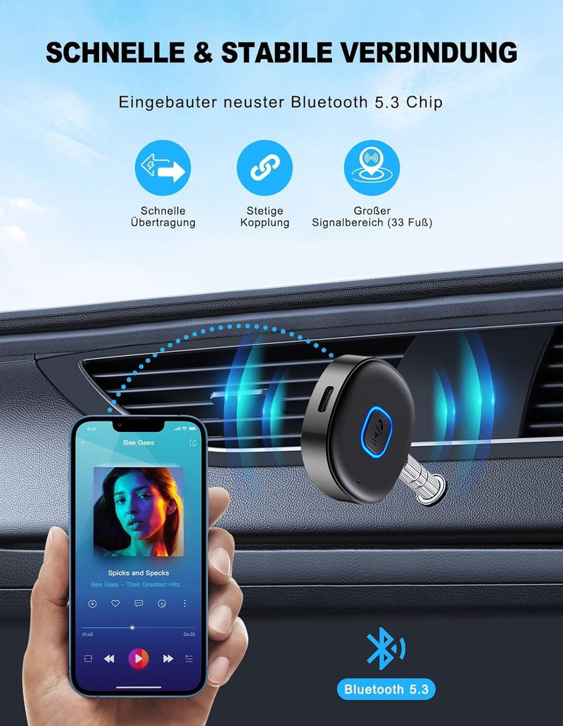 Mohard AUX Bluetooth Adapter Auto, Drahtloser KFZ Bluetooth 5.3 Empfänger für Heim-Stereo/Kabelgebun