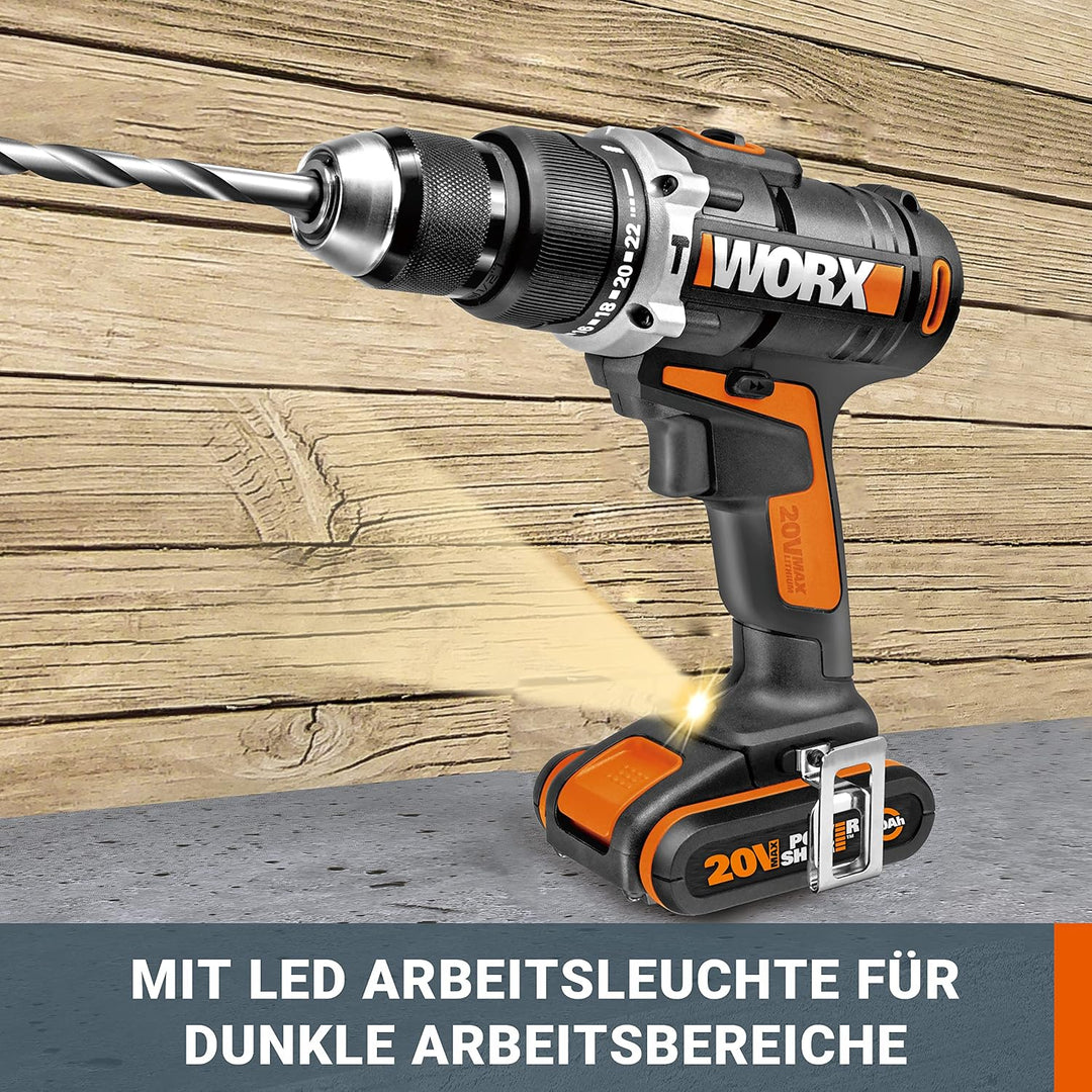 WORX WX372.9 Akku Schlagbohrschrauber 20V - 50Nm, 2-Gang-Getriebe &amp; LED-Licht - zum Schrauben, Bohre