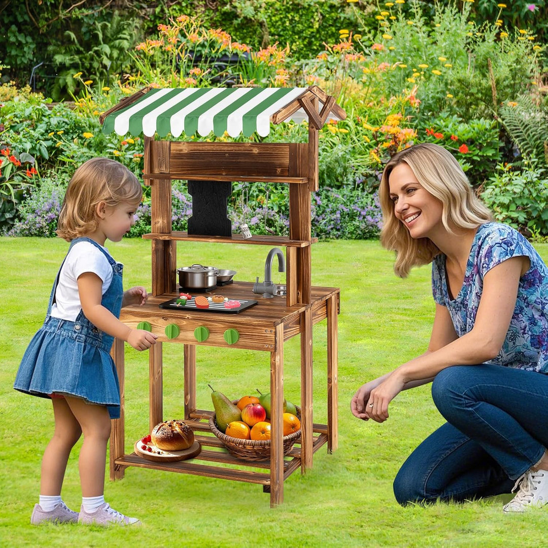 COSTWAY Matschküche Kinder Outdoor, Doppelseitige Kinderküche mit Dach, Schultafel, Spüle & Wasserha