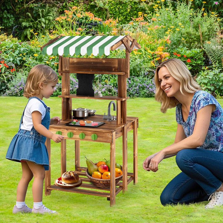 COSTWAY Matschküche Kinder Outdoor, Doppelseitige Kinderküche mit Dach, Schultafel, Spüle & Wasserha
