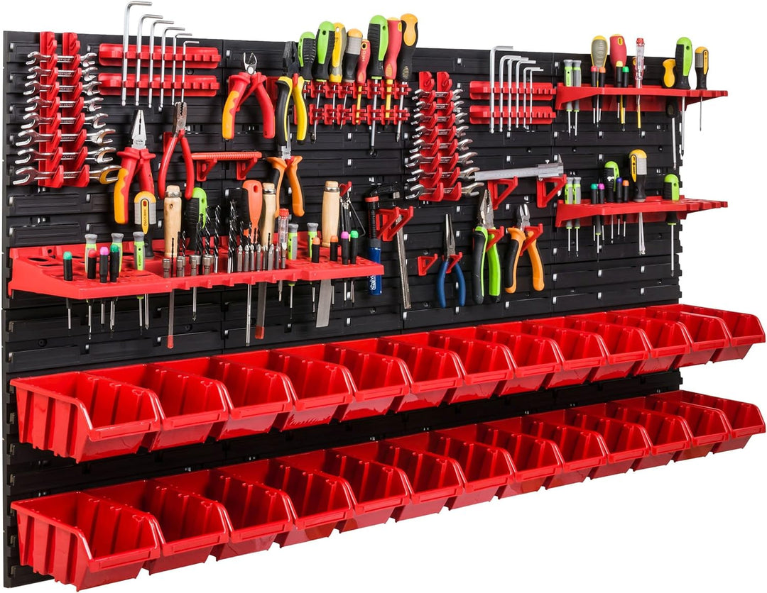 Lagersystem Werkstattregal | 156 x 78 cm | 26 stck. Box | Wandregal mit Werkzeughalterungen und Stap