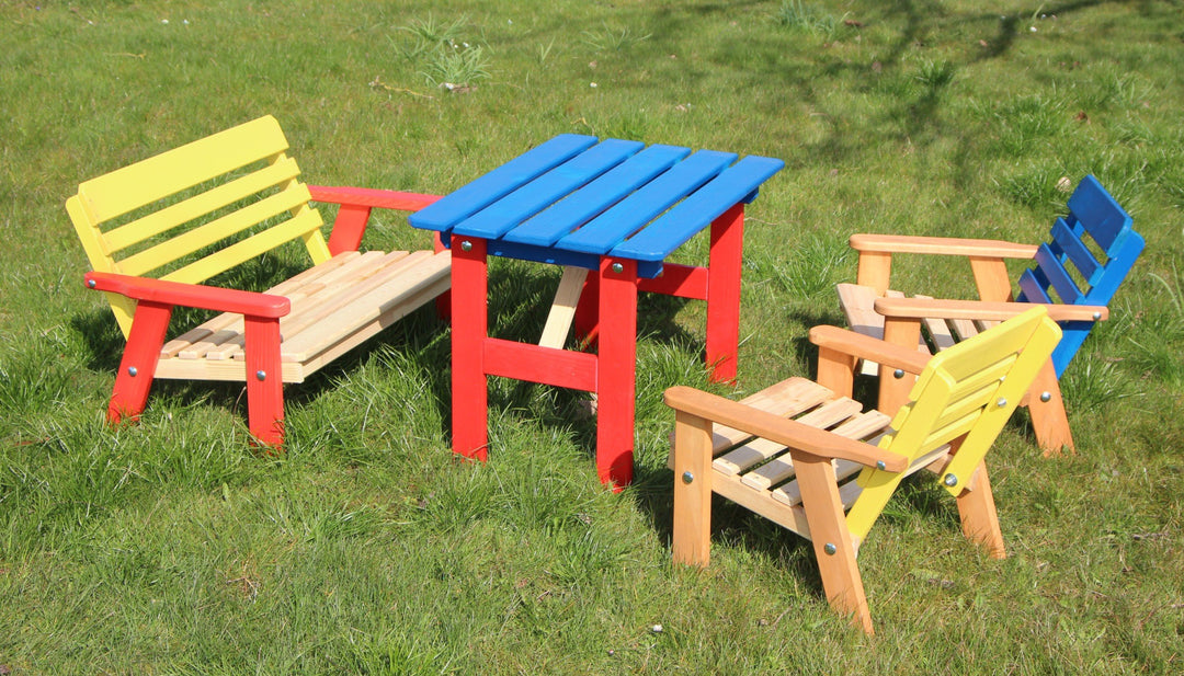 Kinder Sitzgarnitur 4-TLG. aus Holz, 2 Stühle, 1 Bank, 1 Tisch, farblich vorbehandelt