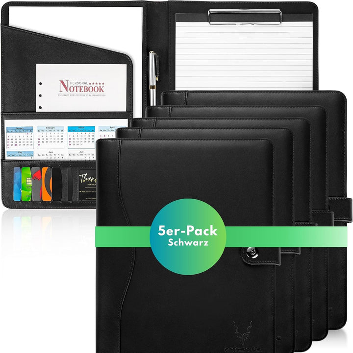 AMKSONS Schreibmappe A4 Schwarz – Business Pack (5 Stück) | Ideal für Grossabnehmer – PU-Leder Konfe