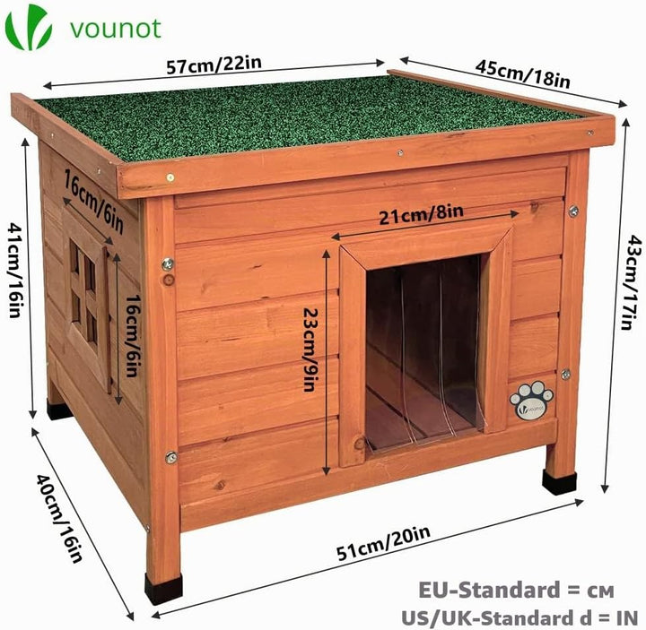 VOUNOT® Katzenhaus aus Holz, Katzen Haus mit Asphaltdach, Katzenhütte für Draussen Outdoor 57 x 45 x
