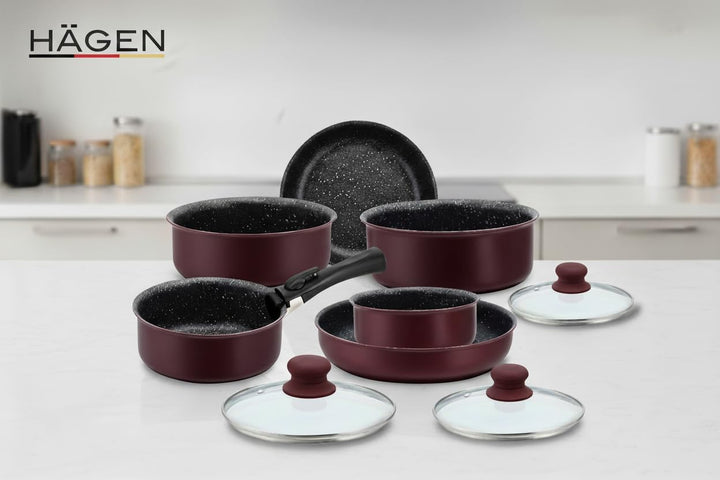 HAGEN, Stone coated cookware, Removable handle, 10 pieces, Bordeaux, Non-stick coating, All burners,
