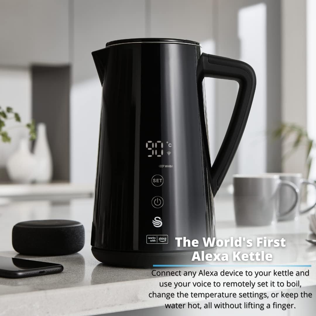 Swan Alexa Elektrisch Wasserkocher WIFI Smart Kettle 1,5L, Kabellos, LED-Touchscreen, Warmhaltefunkt