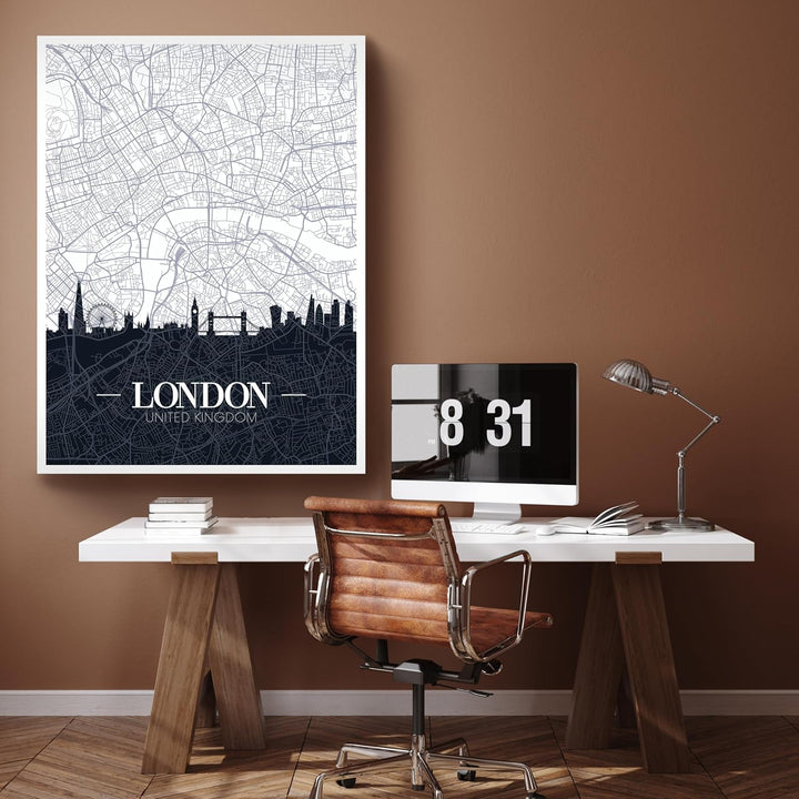 wandmotiv24 Stadt Karte als Leinwandbild, 60x45cm, Hochformat, London, England, Grossbritannien, Sky