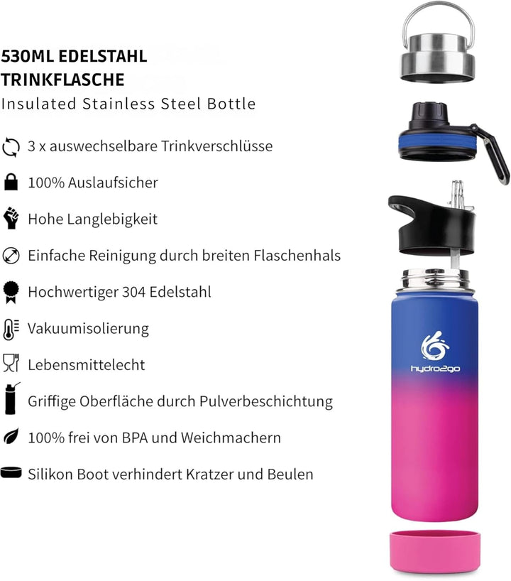 hydro2go ® Trinkflasche aus Edelstahl 500 ml / 0.5 Liter - für Kinder, Schule, Sport, Fitness & Outd