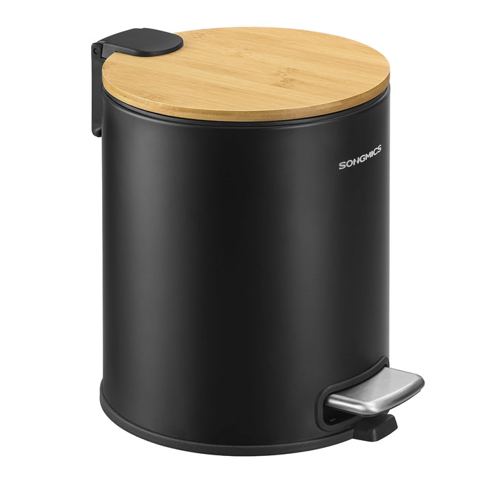 SONGMICS Kosmetikeimer, Mülleimer Bad, mit Deckel aus Bambus, Tretmülleimer mit Metallpedal, Innenei