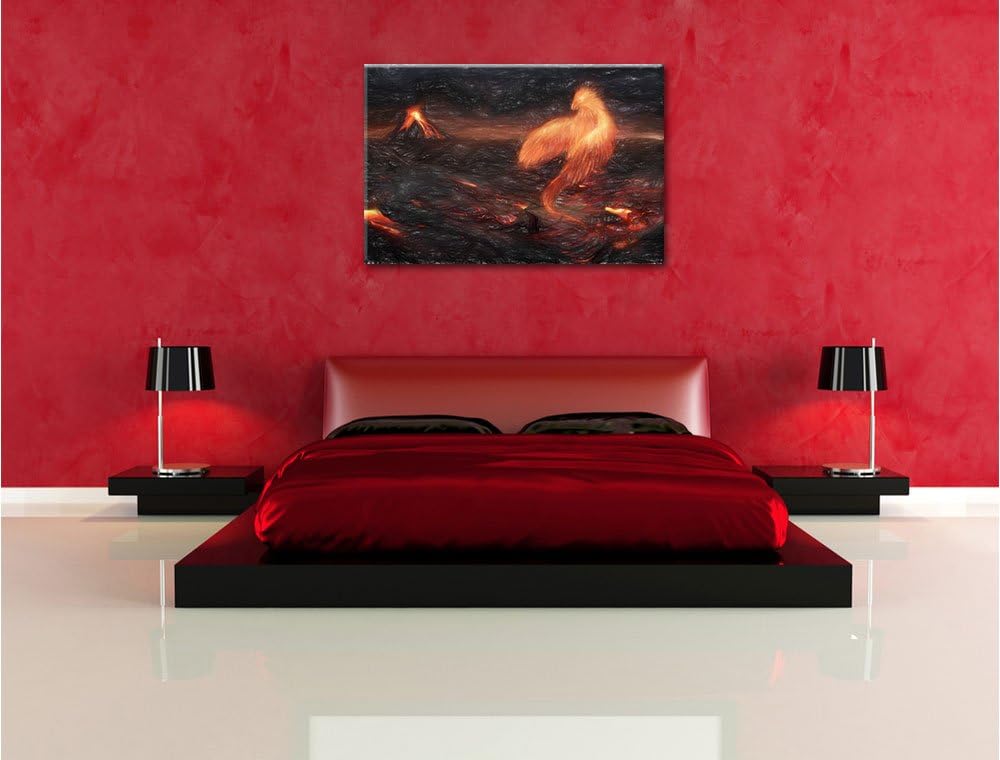 Pixxprint Brennender Phönix Vulkanlandschaft als Leinwandbild/Grösse: 100x70 / Wandbild/Kunstdruck/f