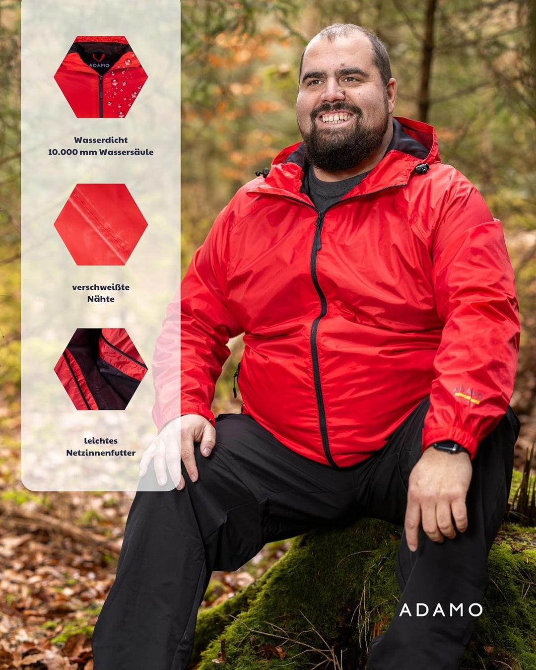 ADAMO Regenjacke Herren wasserdicht atmungsaktiv, Outdoor Jacke in Übergrösse mit Kapuze aus 100% sc