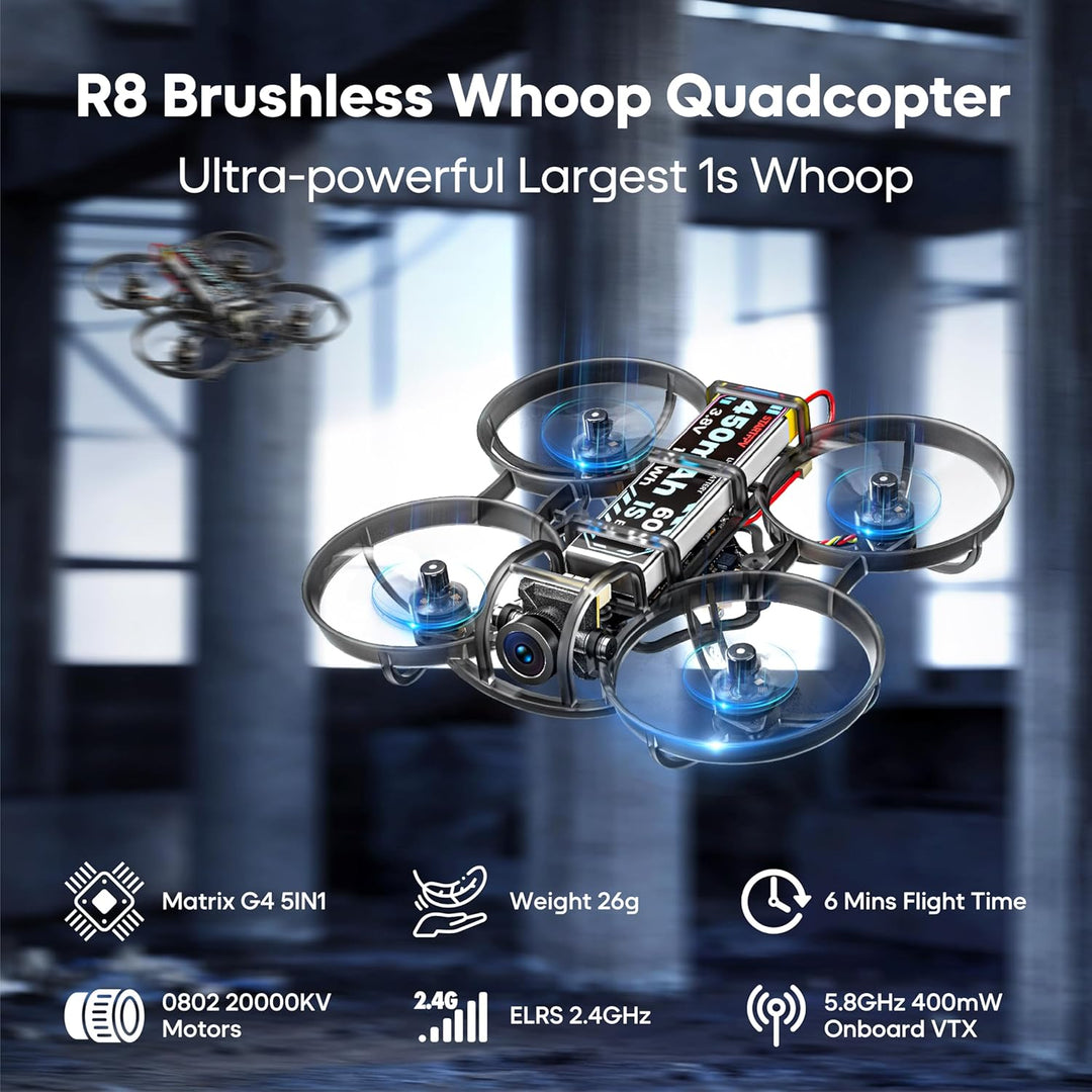 R8 ELRS Tiny Whoop Quadcopter,Ultralight 1S 80mm Micro FPV Drohne BNF mit 2 Batterien Fly12 Mins für