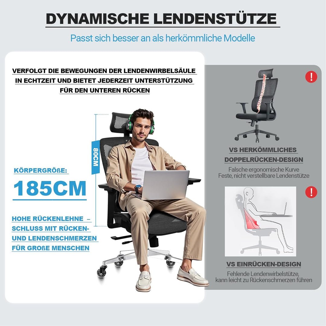 Bürostuhl Ergonomisch, 4D-Armlehnen, Verstellbare Sitztiefe, 4-stufige Neigung, Gummirollen, Mesh-Si