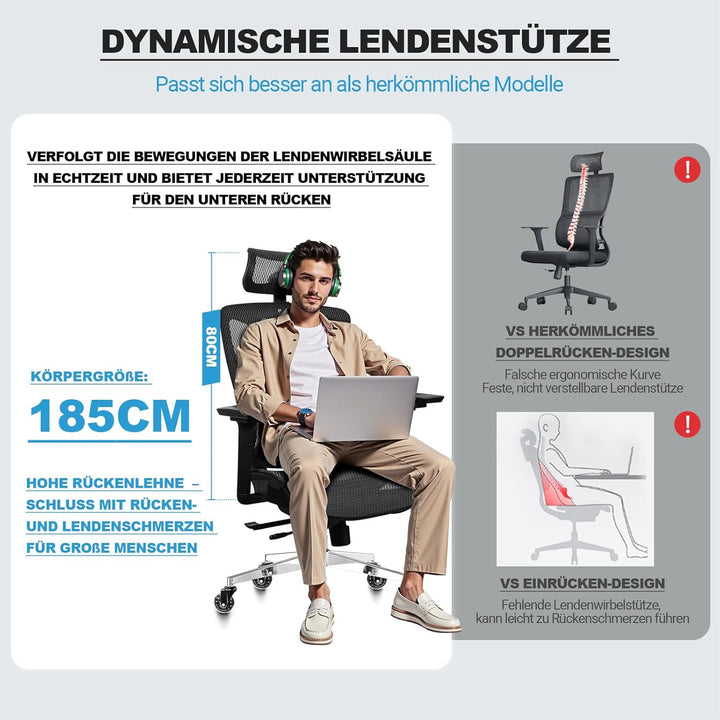 Bürostuhl Ergonomisch, 4D-Armlehnen, Verstellbare Sitztiefe, 4-stufige Neigung, Gummirollen, Mesh-Si
