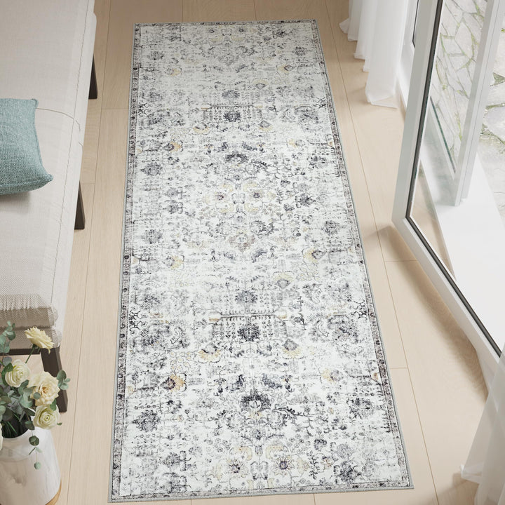 TOPICK Läufer Flur Waschbar Küche Läufer Kurzflor Retro Grau Blume Orientalischer Teppich 60x240cm A