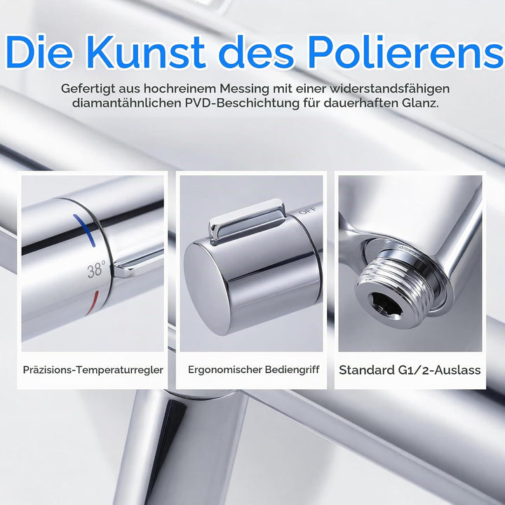 AFUDER Duschthermostat Mischbatterie 38℃ Schwarz Badewannen-Brausethermostat G 1/2" Zwei-Auslauf-Bra