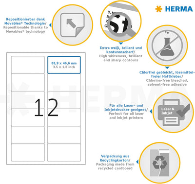 HERMA 10304 Universal Etiketten ablösbar, 100 Blatt, 88,9 x 46,6 mm, 12 Stück pro A4 Bogen, 1200 Auf