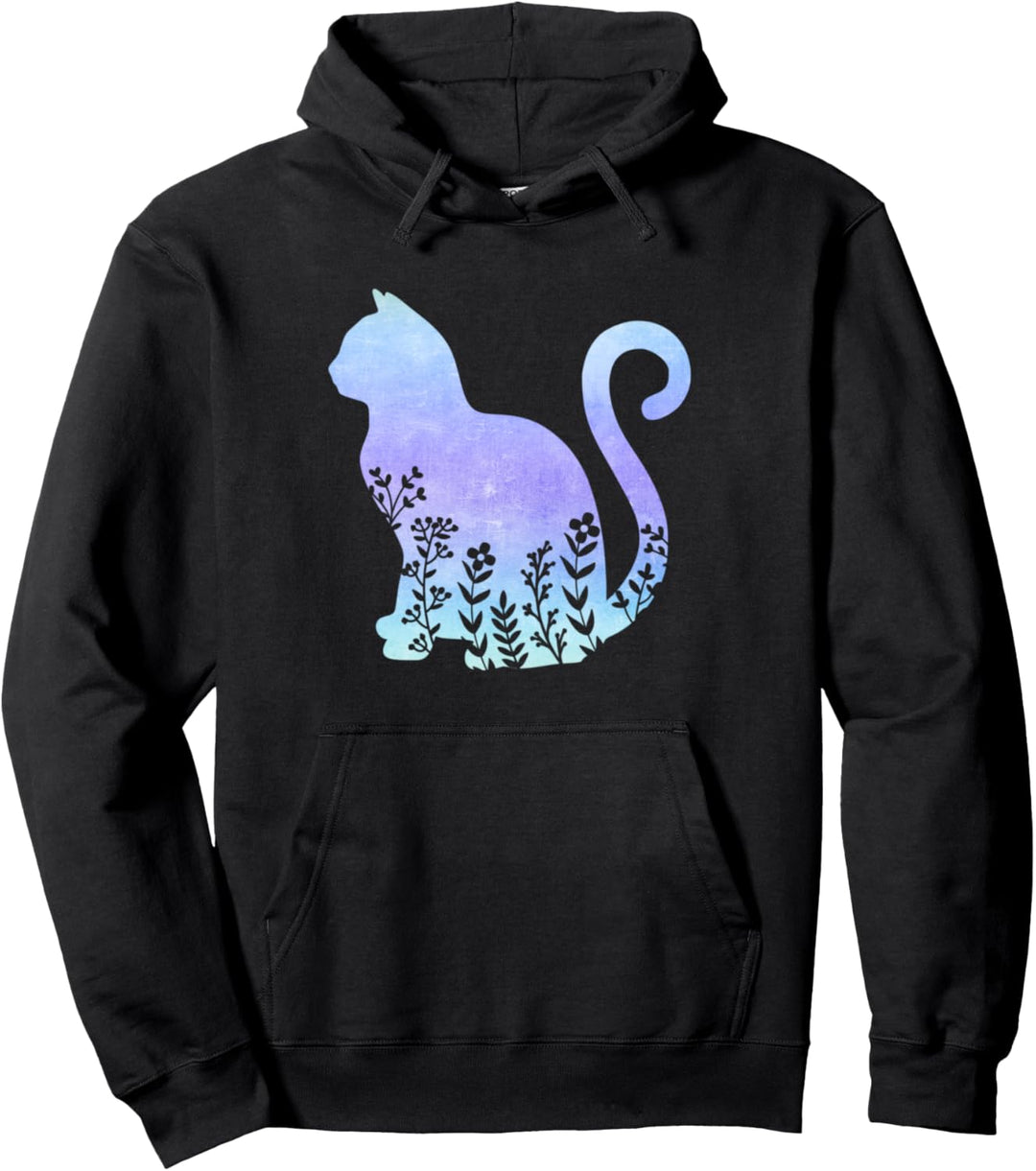 Katzensilhouette mit Blumen Pastellblau und Lila Farbverlauf Pullover Hoodie