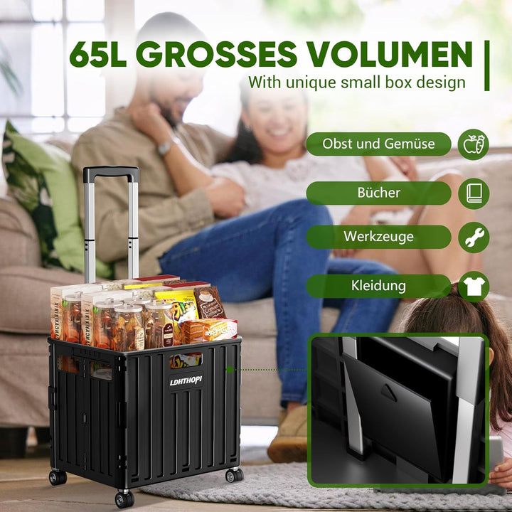 LDHTHOPI Einkaufstrolley klappbar 65L,MAX 50KG Trolley mit Teleskopgriff,4 Zerlegbaren Drehbaren Räd