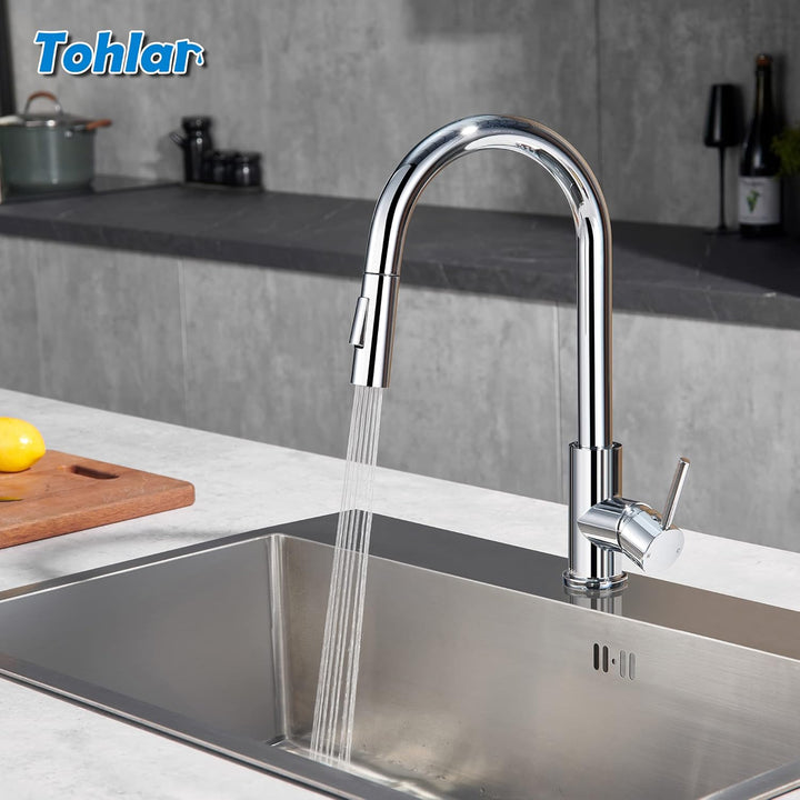Tohlar Wasserhahn Küche Chrom, 360° Schwenkbar Küchenarmatur mit Ausziehbare Brause, Hochdruck Misch