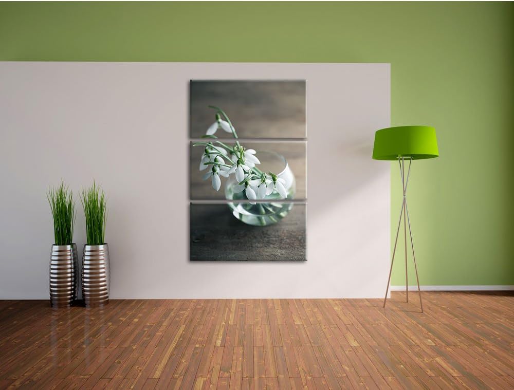 Pixxprint Schneeglöckchen in der Vase als Leinwandbild/Grösse: 3 Teilig (120x80) cm/Wandbild/Kunstdr